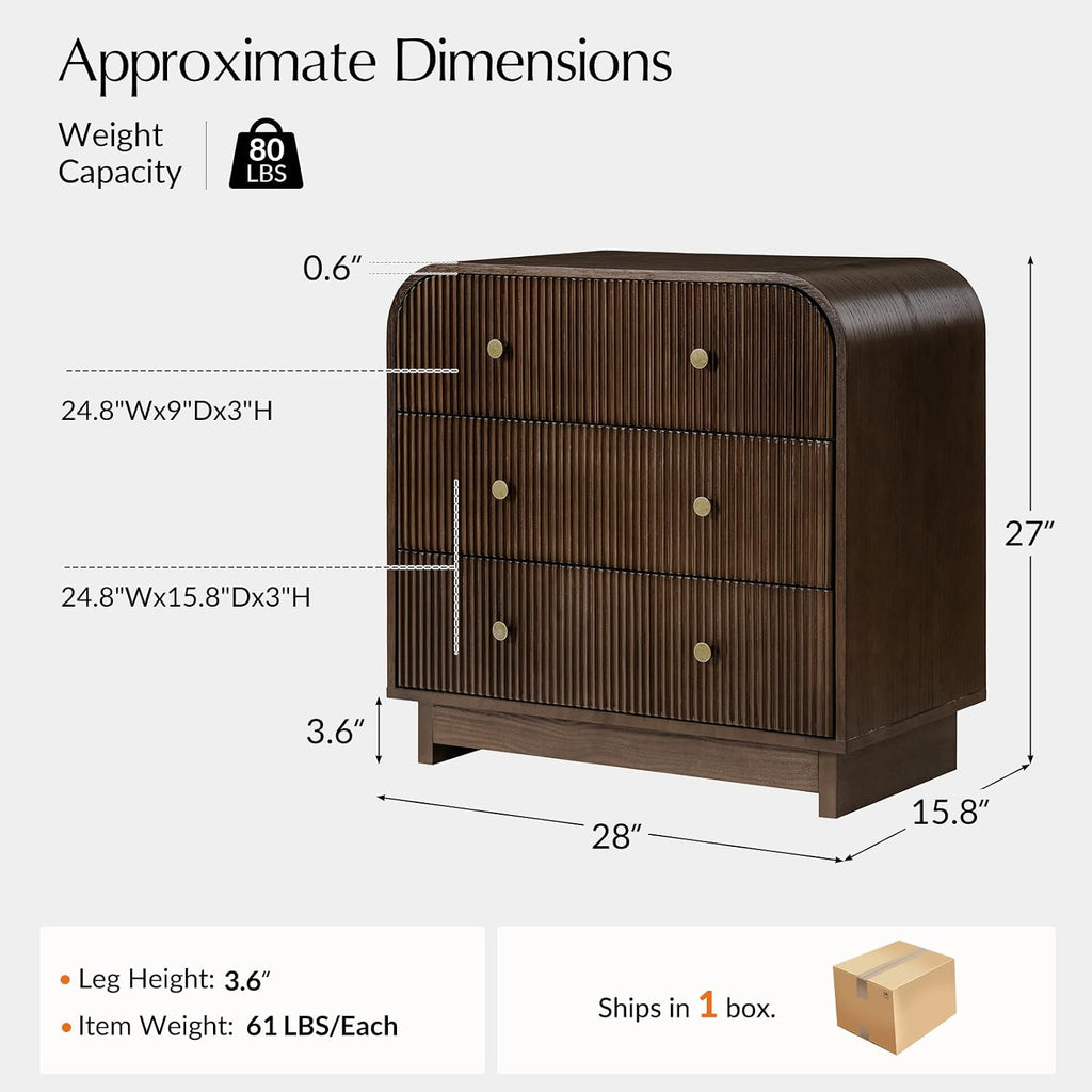 HULALA HOME Fluted Storage End Table with Charging Station, Modern 3 Drawer Wood Side Table with Solid Wood Legs, Large SideTable for Living Room Room, Easy Assembly, Walnut