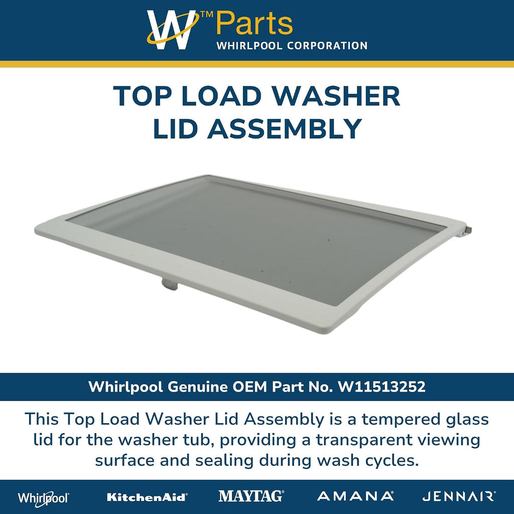 Whirlpool W11513252 Genuine OEM Top Load Washer Lid Assembly Replacement Part - Replaces W11391493