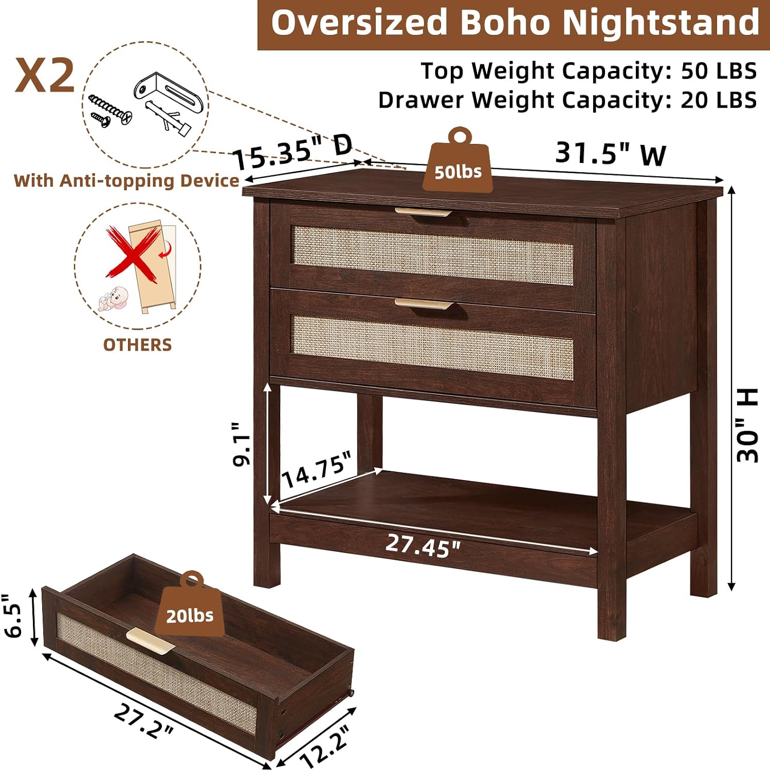 LEYAOYAO 31.5' Wide Rattan Night Stand, Large Boho Nightstand, Bedside Table with Storage, Tall Bed Side End Tables, Chest of Drawers for Bedroom, Living Room, Hallway（Walnut,2 Drawers,2）