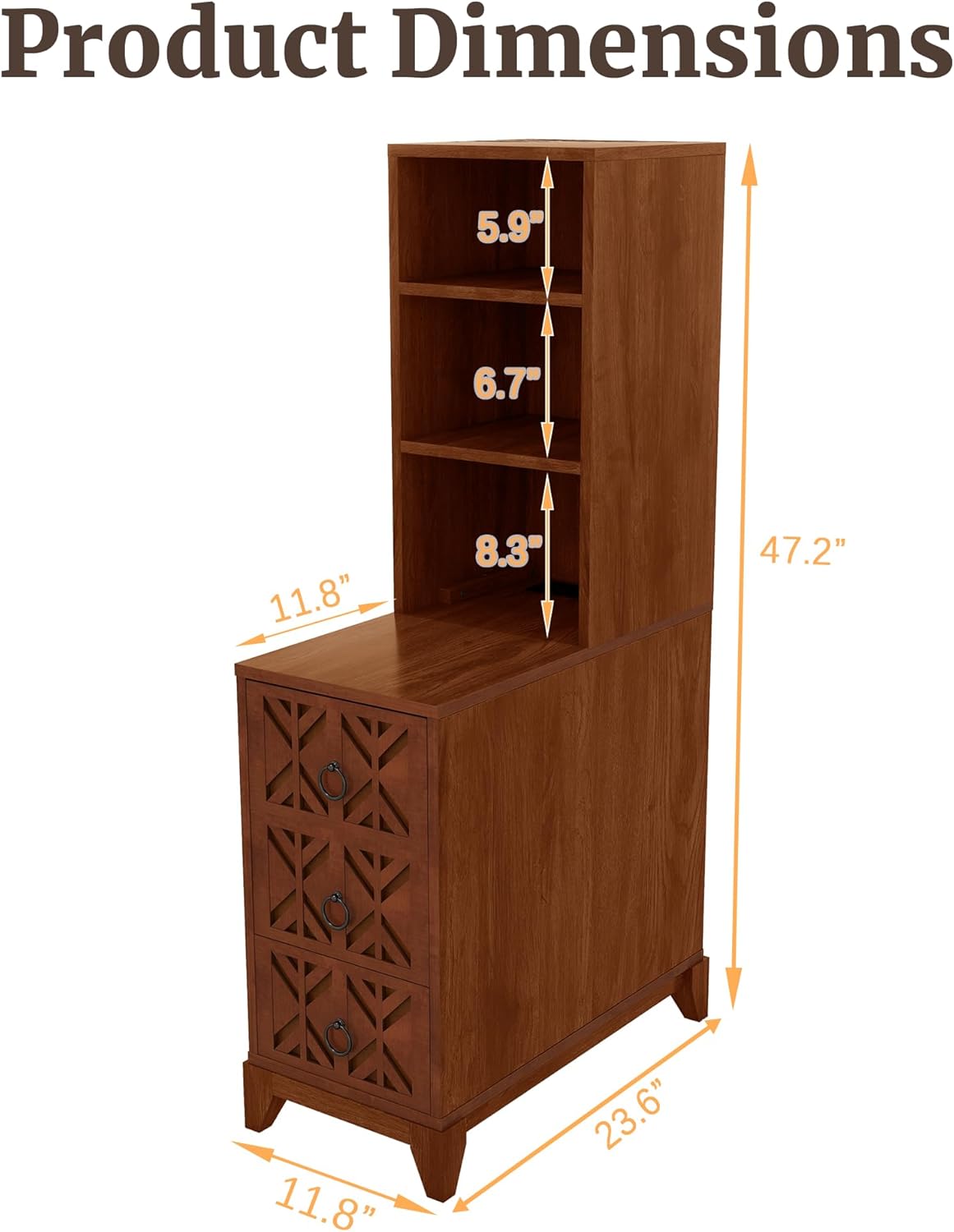 Mirightone Tall End Table with 3-Drawer and Shelves, Narrow Side Table with Charging Station, High Slim Corner Cabinet Bedside Table with Storage Bookcase for Living Room Bedroom, Walnut