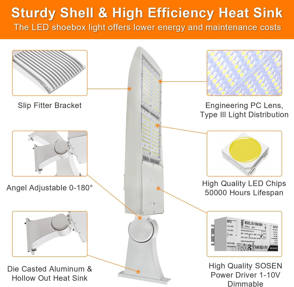 300W White LED Parking Lot Light, 42000LM LED Shoebox Area Light [1000W MH/HPS Equiv.], 5000K Dimmable Outdoor Street Lighting Fixture with Surge Protection Built-in, IP65 AC100-277V