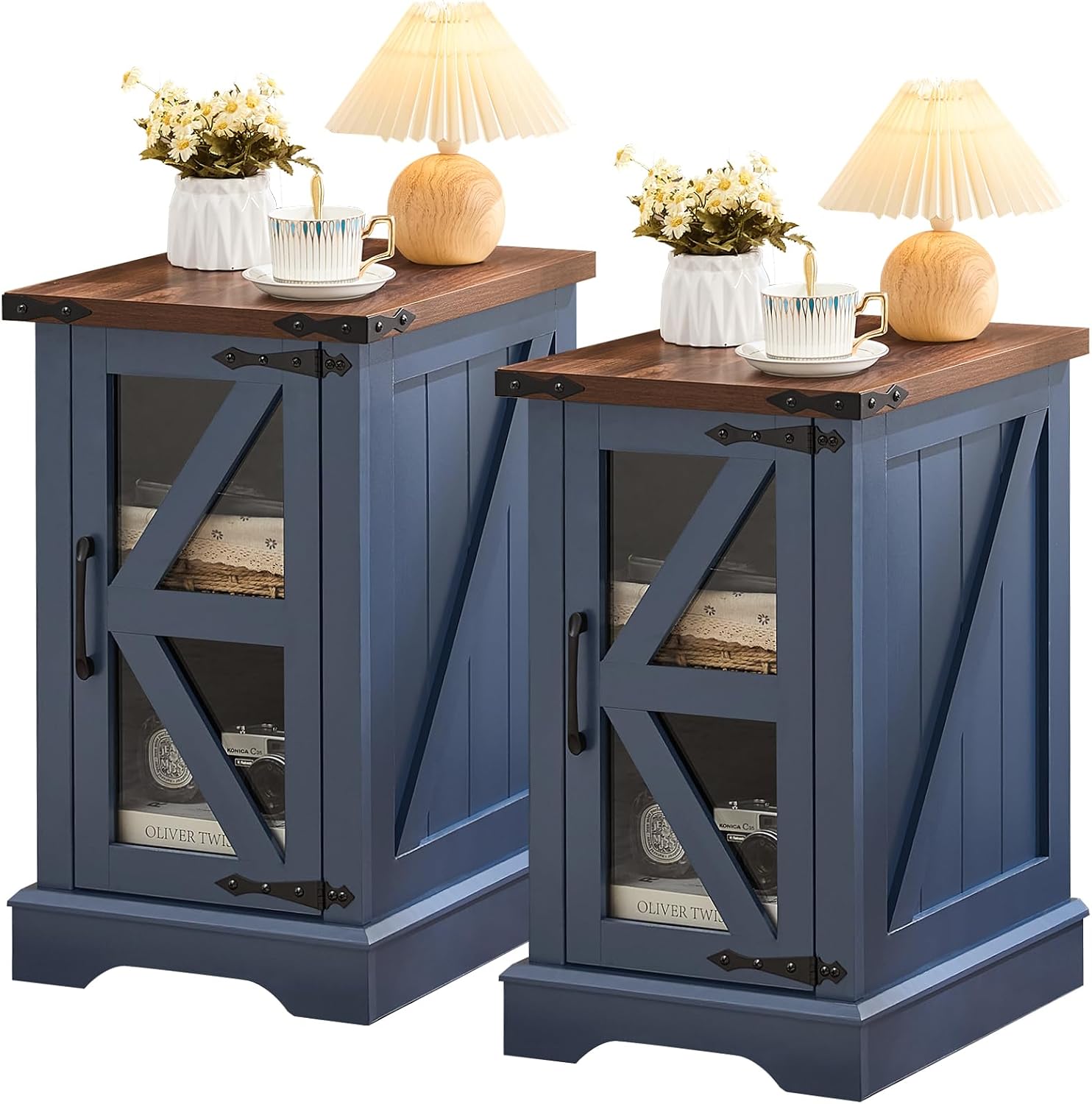 Joaxswe Farmhouse 14'' Side End Table Set of 2, Narrow Night Stand with Glass Barn Door, Storage Bedside Tables, Nightstand Cabinet Organizer for Small Spaces Living Room Bedroom