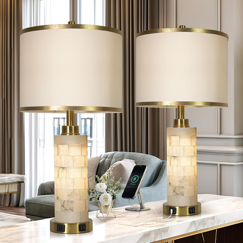 KIVDITZO 27' Alabaster Table Lamps Set of 2, Lamps for Living Room Bedroom,Bedside Lamps with Night Light,Nightstand Lamp with USB A+C Ports,Modern Table Lamp with Linen Shade (Bulbs Included)
