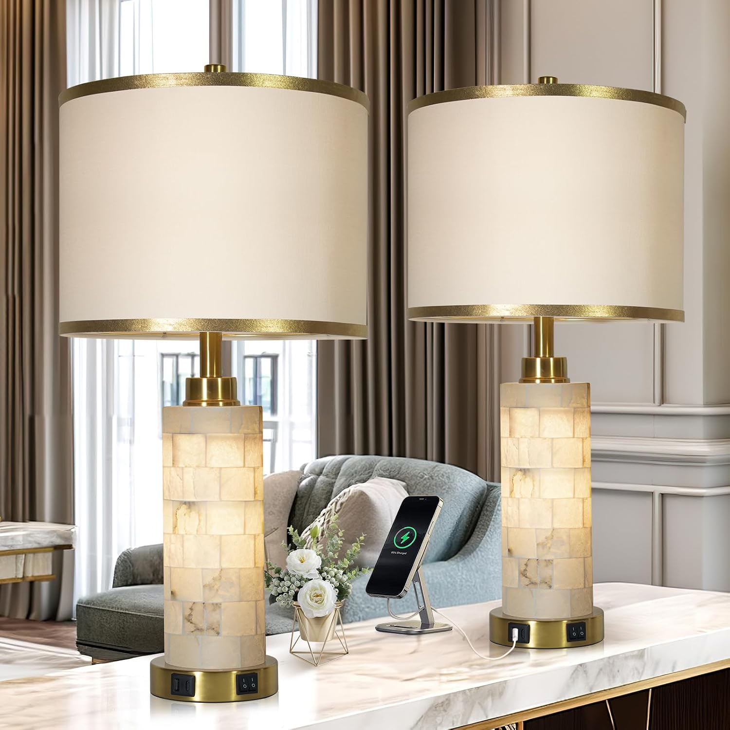 KIVDITZO 27' Alabaster Table Lamps Set of 2, Lamps for Living Room Bedroom,Bedside Lamps with Night Light,Nightstand Lamp with USB A+C Ports,Modern Table Lamp with Linen Shade (Bulbs Included)
