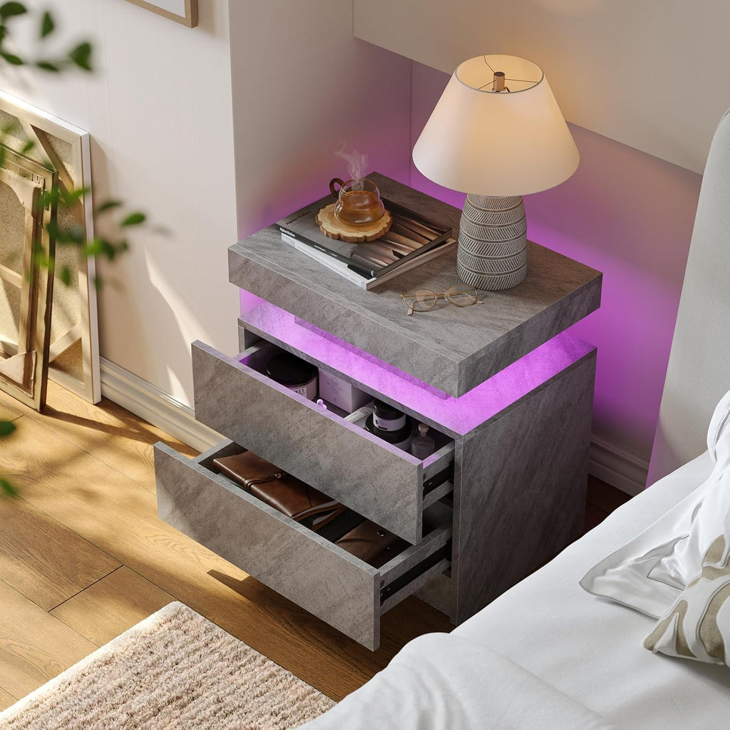 Cubehom Nightstands Set of 2, Bedside Tables with LED Lights, Night Stands with 2 Wood Drawers, End Tables Set of 2 for Living Room/Bedroom