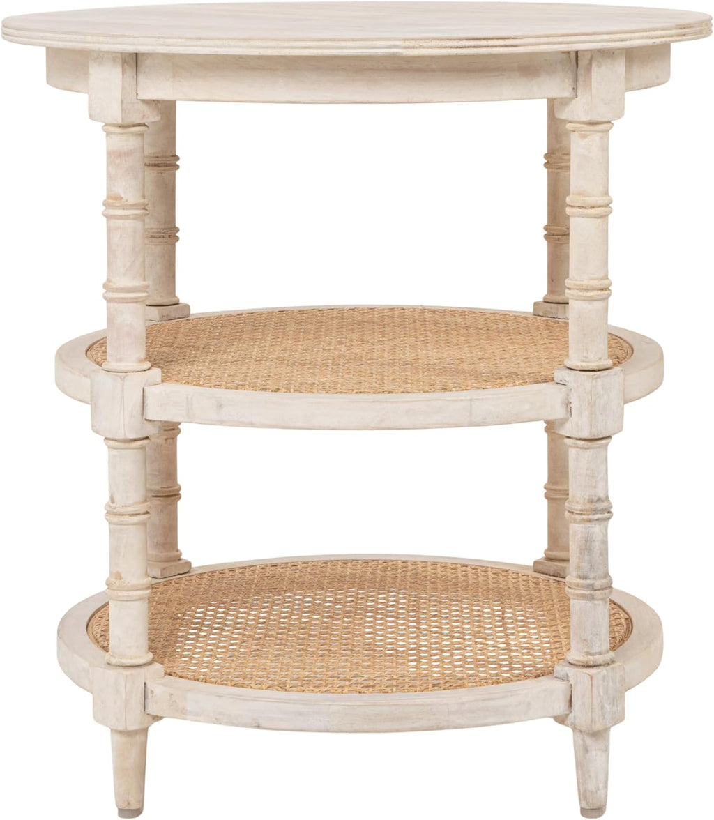 Creative Co-Op Round Solid Wood End Table with 2 Woven Cane Shelves, Distressed White