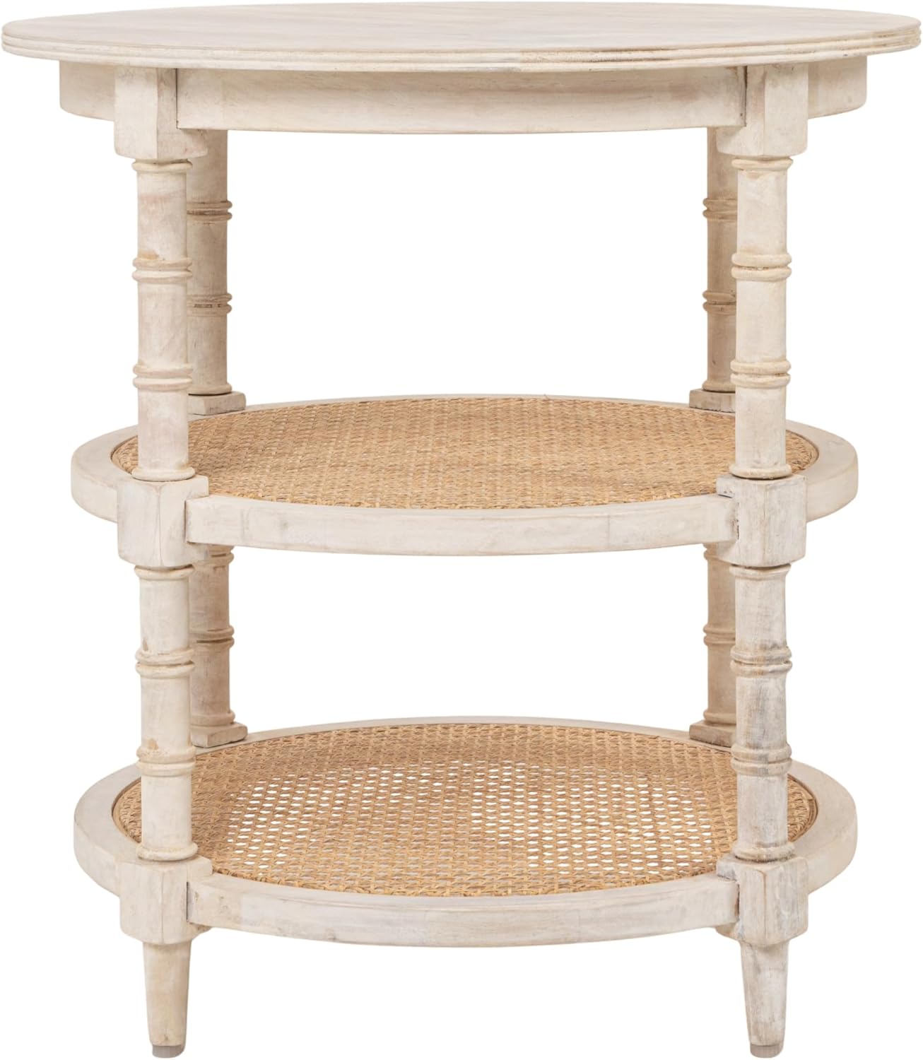 Creative Co-Op Round Solid Wood End Table with 2 Woven Cane Shelves, Distressed White