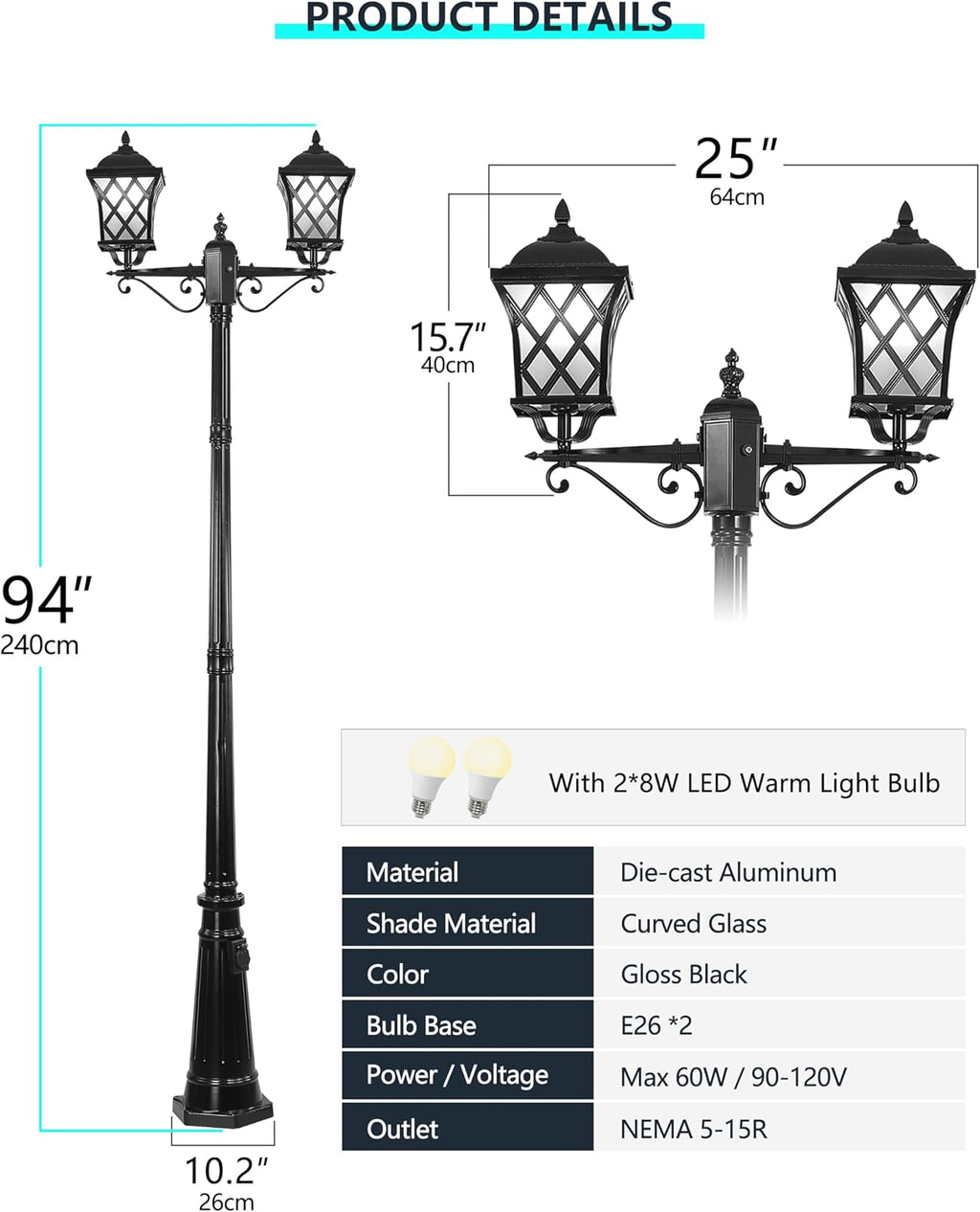 2-Head Outdoor Lamp Post Light with Outlet, 94″ Dusk to Dawn Street Light Pole Waterproof Aluminum Outdoor Post Lights, Black Exterior Lighting for Garden Yard Driveway (2 LED Bulbs Included)