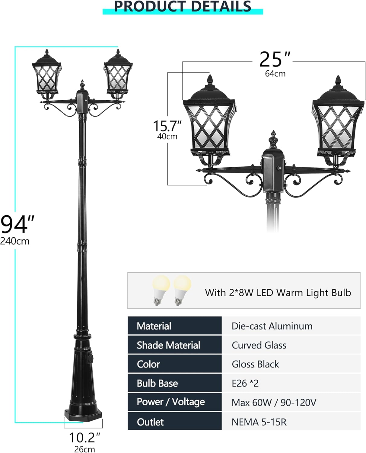 2-Head Outdoor Lamp Post Light with Outlet, 94″ Dusk to Dawn Street Light Pole Waterproof Aluminum Outdoor Post Lights, Black Exterior Lighting for Garden Yard Driveway (2 LED Bulbs Included)