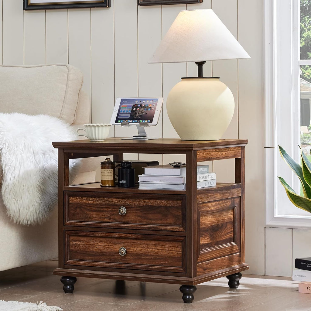 Joaxswe 24' Wide Farmhouse Night Stand Set of 2,Large End Table with 2 Drawers & Metal Handle,Brown Wood Dresser for Bedroom, Bed Side Table Chest of Drawers Cabinet, Nightstand for Living Room,Closet