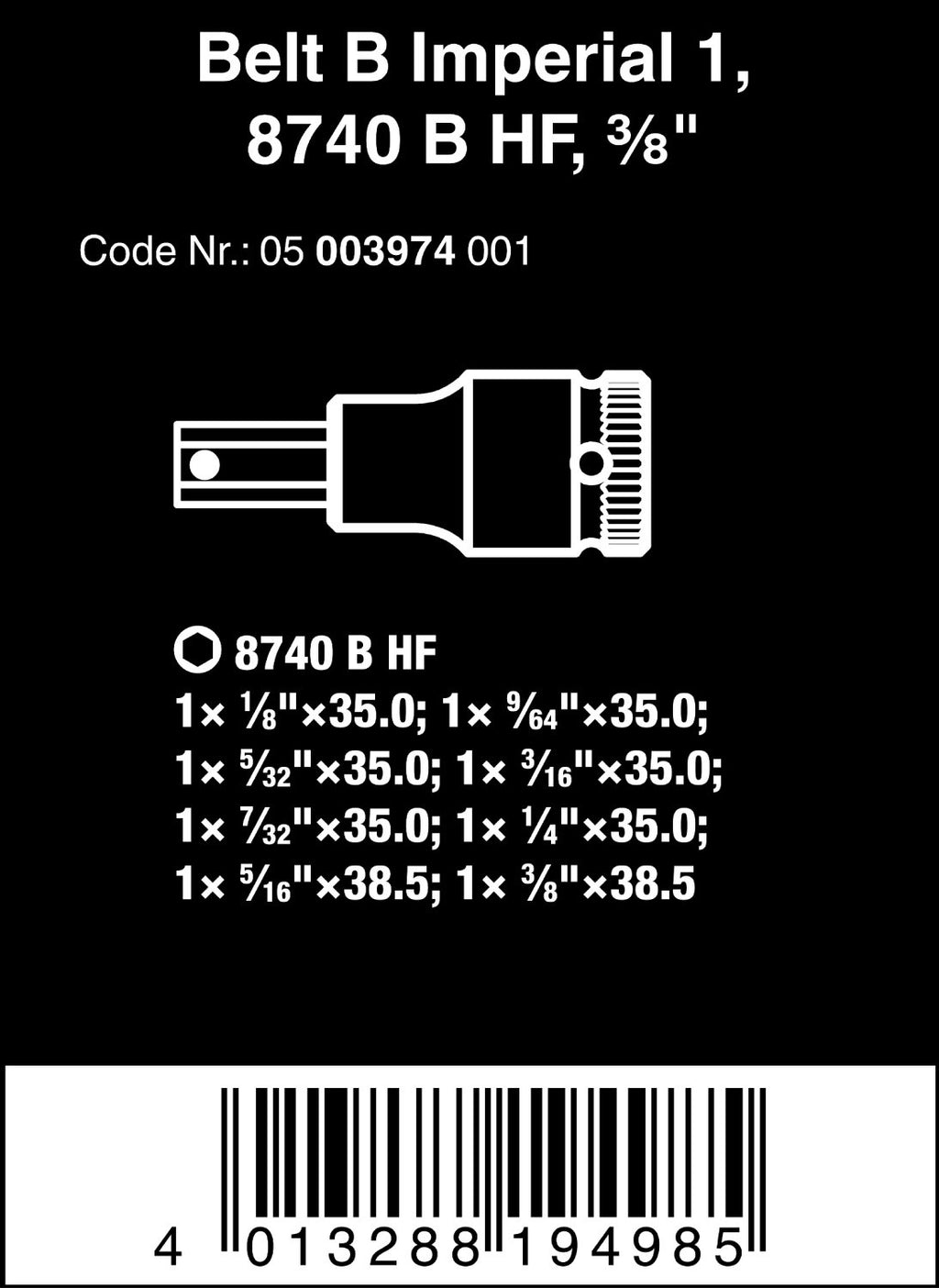 Wera 05003974001 Belt B Imperial 1 Zyklop In-Hex-Plus bit socket set with holding function, 3/8' drive, 8 pieces