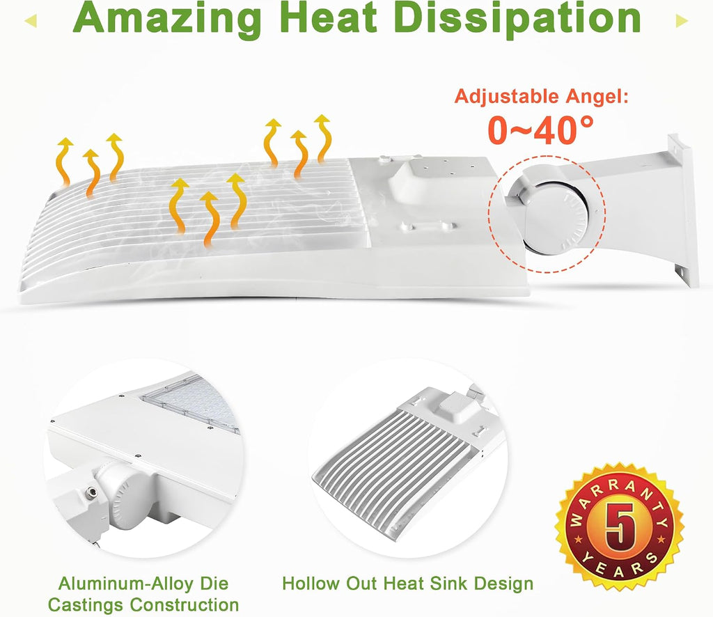 480V LED Parking Lot Light, 80W/100W/150W Wattage Selectable, 21,000LM 5000K White Housing Shoebox Pole Light, 277–480V High Voltage, Surge Protection, UL Listed, Commercial Area Street Lighting