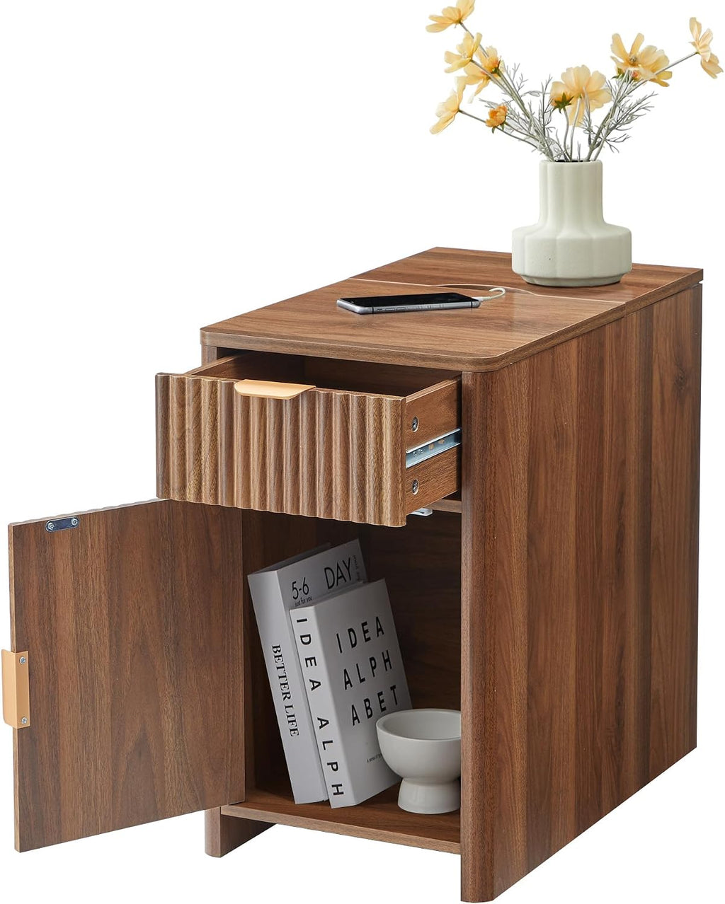 Fluted Narrow End Table with Charging Station, Farmhouse Side Table with Drawer Storage, Small Night Stand with Power Outlets and USB Ports, Sofa Side Table for Living Room - Walnut