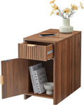 Fluted Narrow End Table with Charging Station, Farmhouse Side Table with Drawer Storage, Small Night Stand with Power Outlets and USB Ports, Sofa Side Table for Living Room - Walnut