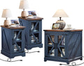 Joaxswe End Table Set 3 with Charger Station, Farmhouse 18'' Narrow Night Stand and 24' Square Side Table with Glass Barn Door Storage, Wood Nightstand Bedside Tables for Living Room Bedroom