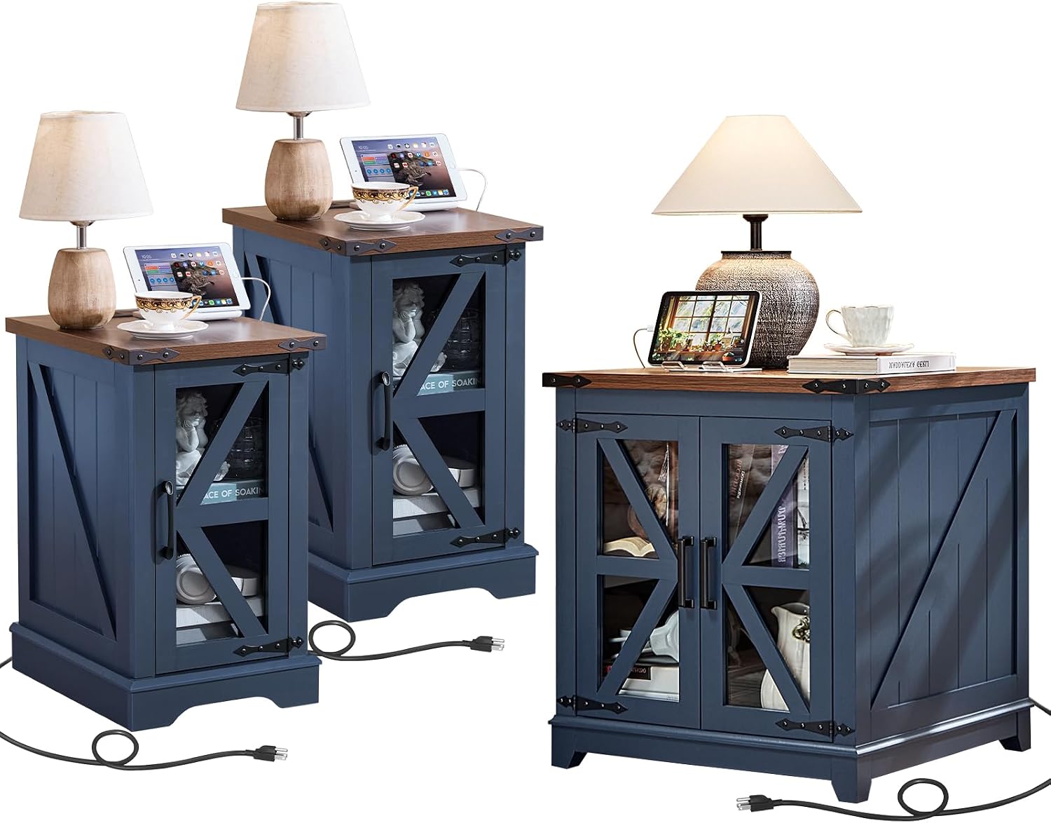 Joaxswe End Table Set 3 with Charger Station, Farmhouse 18'' Narrow Night Stand and 24' Square Side Table with Glass Barn Door Storage, Wood Nightstand Bedside Tables for Living Room Bedroom