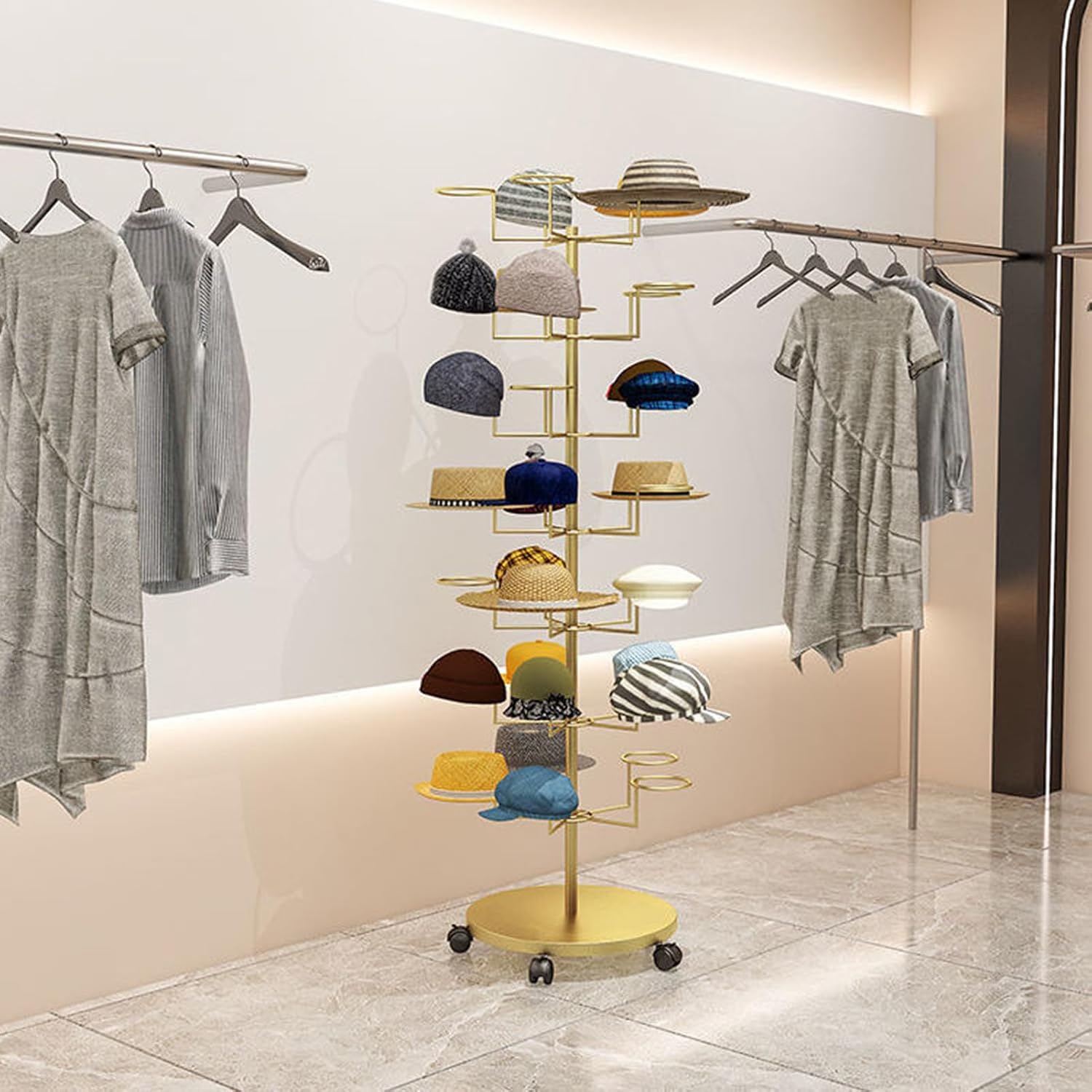 Hat Rack Display Stand Hat Display Rack Rotating Floor-standing Hat Stand Adjustable Hat Headwear Rack Baseball Cap Organizer with Wheels Metal Hat Storage Holders