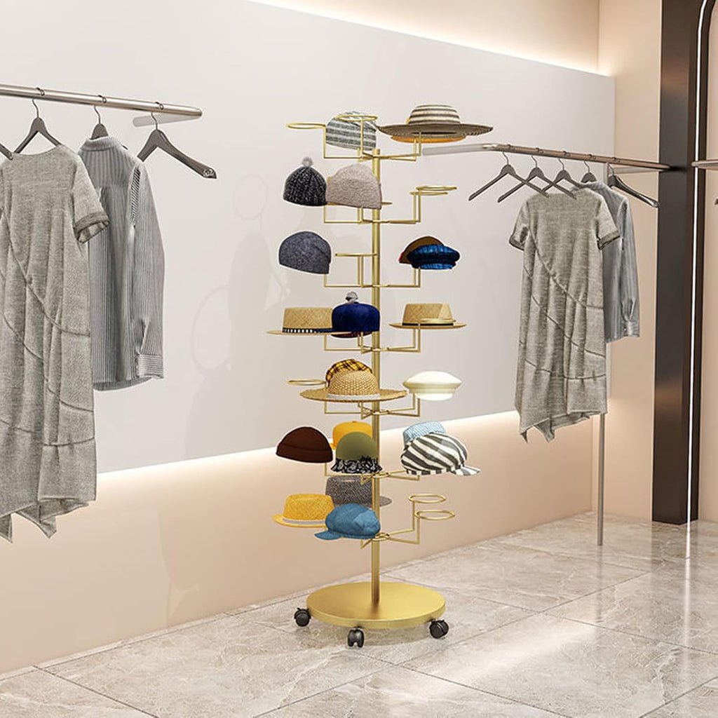 Hat Rack Display Stand Hat Display Rack Rotating Floor-standing Hat Stand Adjustable Hat Headwear Rack Baseball Cap Organizer with Wheels Metal Hat Storage Holders