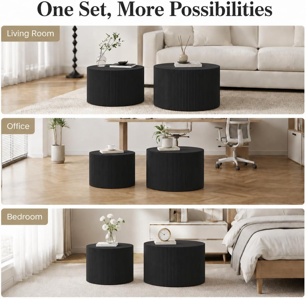 Otterease Round Coffee Table Set of 2, Modern Wooden Black Nesting Tables for Living Room, No Assembly Required Circle Side Tables Set Accent End Table for Bedroom, Balcony