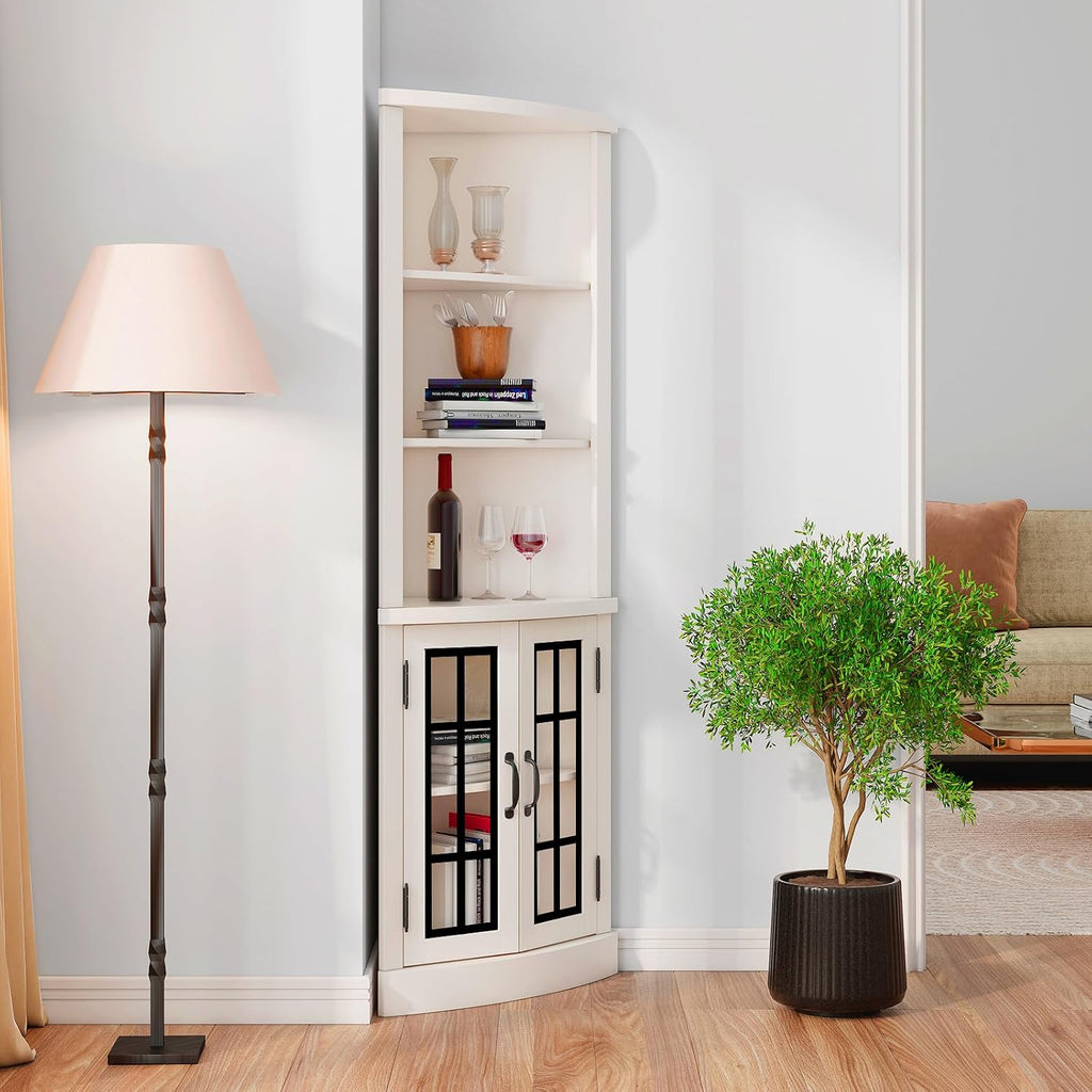 AMERLIFE Curved Corner Storage Cabinet, 65' Tall Freestanding Bookcase with Glass Doors & Adjustable Shelves, 5-Tier Corner Display Cabinet for Living Room, Bathroom, Distressed White