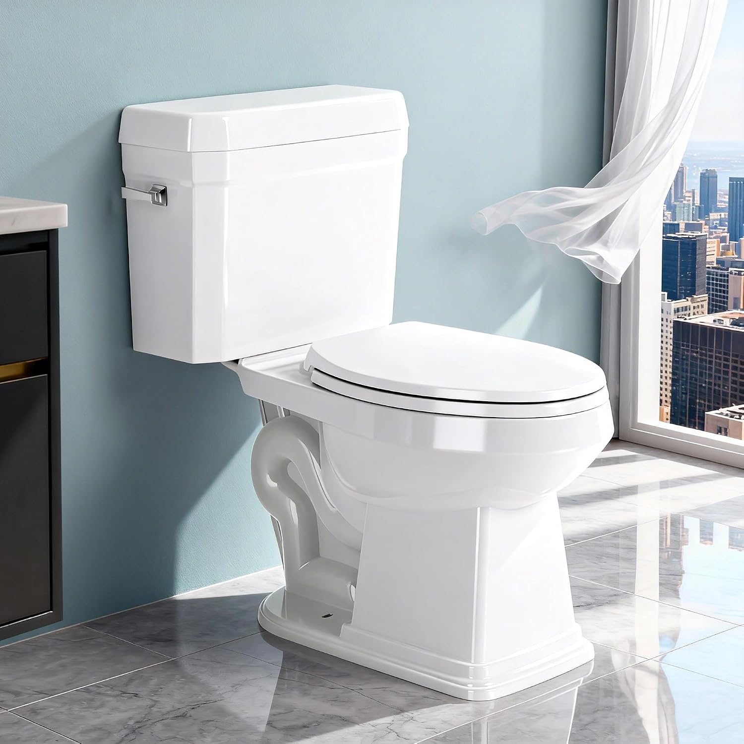 Two Piece Toilets for Bathrooms, Elongated Toilet with 17' Chair Height Soft Close Seat, 1.27 GPF Power Flush, Nano Self-Cleaning Glaze, WaterSense/1000g Map Certified, White ADA toilet 12' Rough In