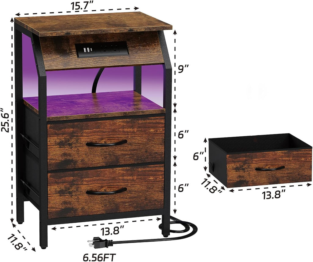 SZLHANJZ End Table with LED Lights, Nightstand with 2 Drawers and Type C Charging Station, Small Fabric Night Stand for Bedside, Storage Side Table for Living Room Dorm, Rustic Brown