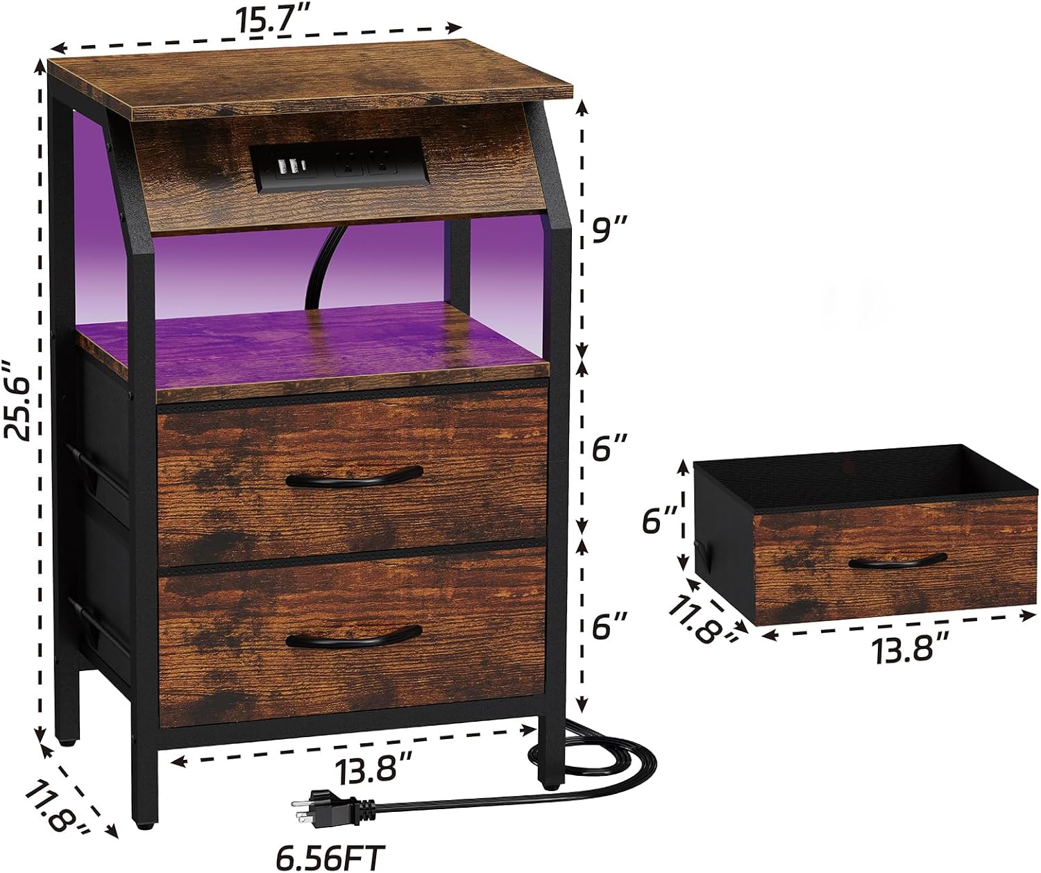 SZLHANJZ End Table with LED Lights, Nightstand with 2 Drawers and Type C Charging Station, Small Fabric Night Stand for Bedside, Storage Side Table for Living Room Dorm, Rustic Brown