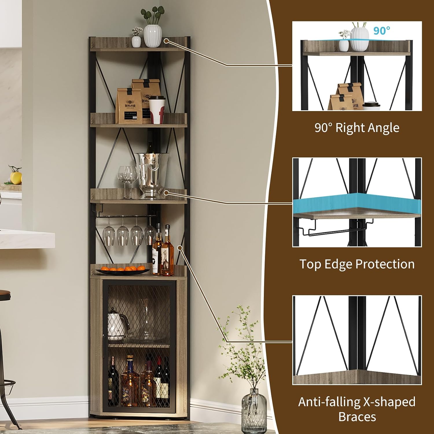GarveeHome 69' Tall Corner Bar Cabinet with 5-Tier Shelves, Farmhouse Liquor Cabinet with Wine Rack & Glass Holder, Space-Saving Barn Door Storage Cabinet for Living Room Kitchen Home Bar - Gray