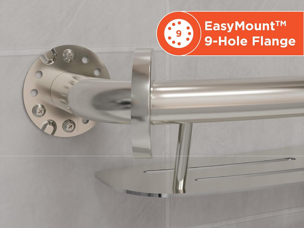 HEALTHCRAFT Plus Shampoo Shelf & Grab Bar 24' - Brushed Stainless, 500 Lbs | Built-in shampoo shelf, concealed screws, no separate shelf needed