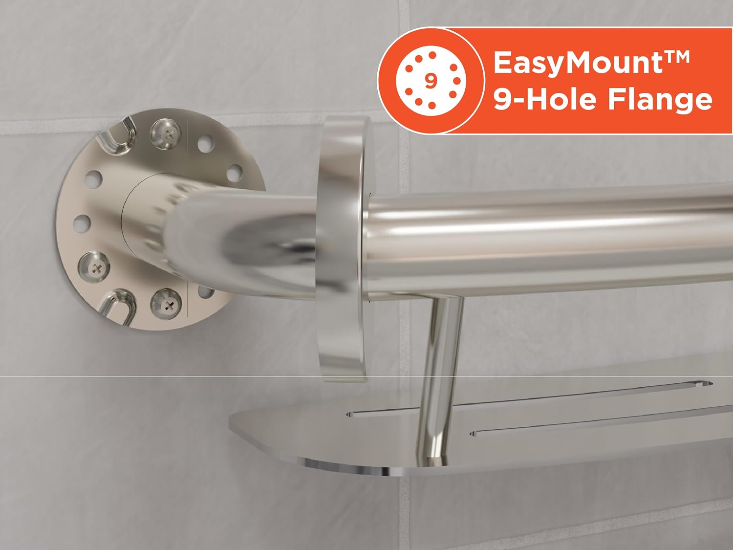 HEALTHCRAFT Plus Shampoo Shelf & Grab Bar 24' - Brushed Stainless, 500 Lbs | Built-in shampoo shelf, concealed screws, no separate shelf needed