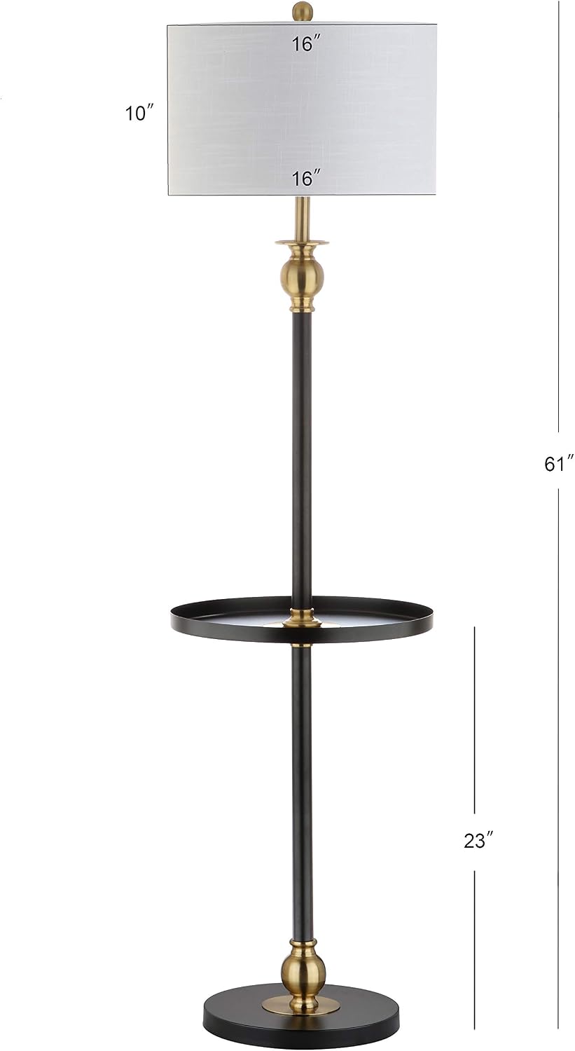 JONATHAN Y 61' Black/Brass Gold Metal LED End Table Floor Lamp, Modern Contemporary Iron Standing Lamp with White Linen Drum Shade for Living Room, LED Bulb Included JYL3002A