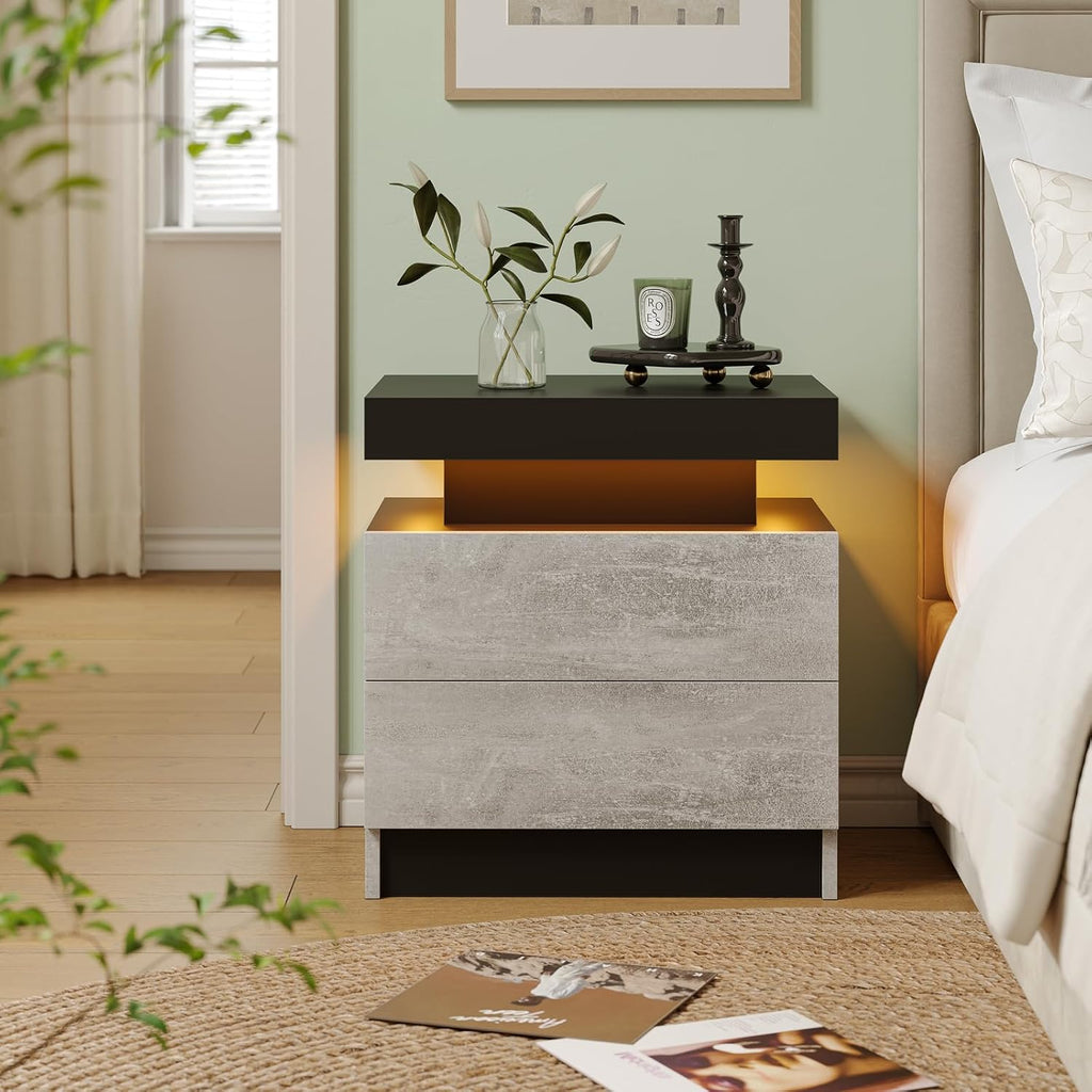 Cubehom Nightstands Set of 2, Bedside Tables with LED Lights, Night Stands with 2 Wood Drawers, End Tables Set of 2 for Living Room/Bedroom