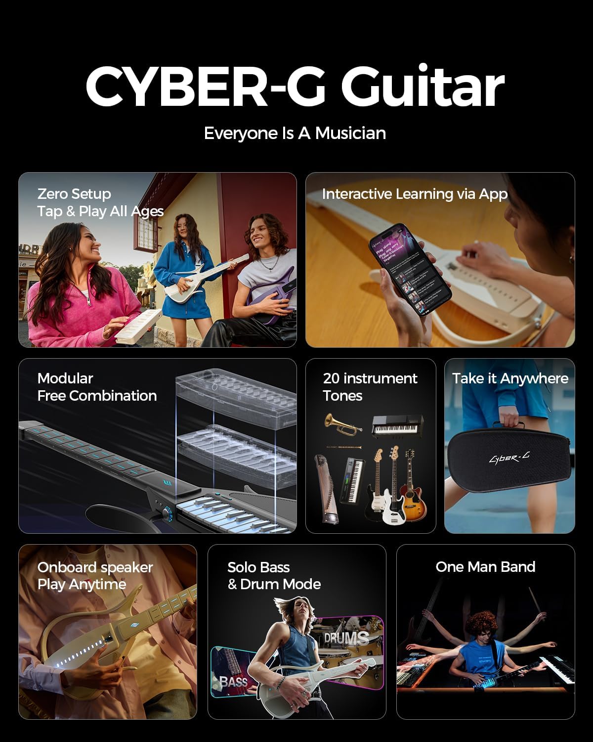 Enya CYBER-G Stringless Smart Guitar, Foldable Travel Backing Guitarra, Built-in Drum Machine & Bassline, 20 instrument Sounds for One-Man Band, App Interactive Chord Sheets For Adults & Teens Purple
