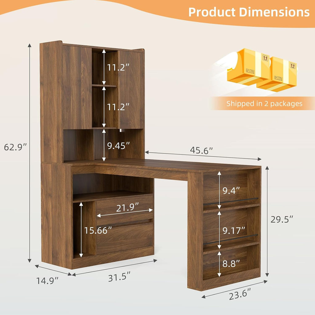 Zevemomo L Shaped Desk with Hutch and 2 Drawers, Computer Desk with USB Ports, Power Outlets & LED Light, Wood Corner Computer Desk with Storage Shelves for Home Office, Brown