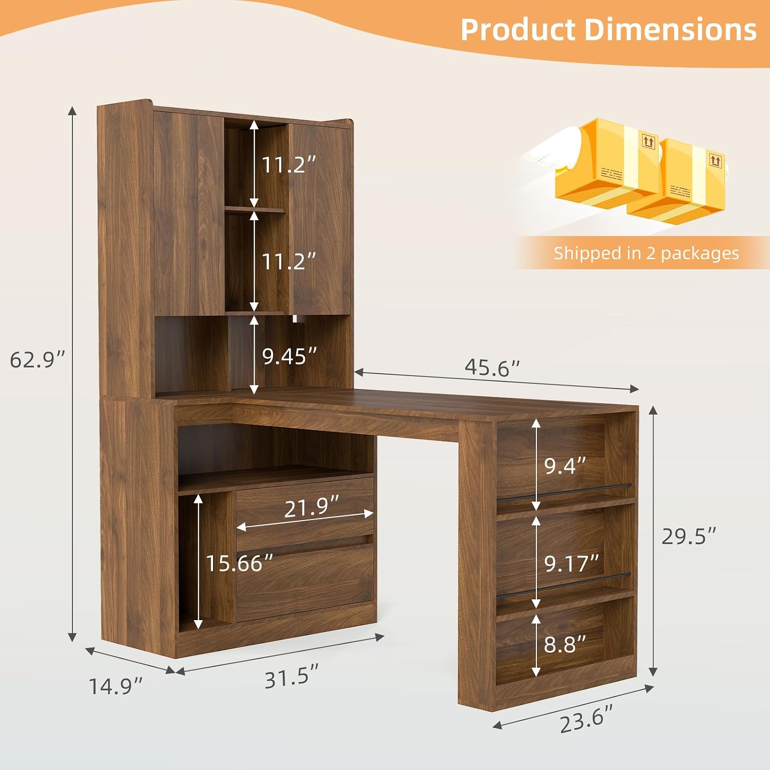 Zevemomo L Shaped Desk with Hutch and 2 Drawers, Computer Desk with USB Ports, Power Outlets & LED Light, Wood Corner Computer Desk with Storage Shelves for Home Office, Brown