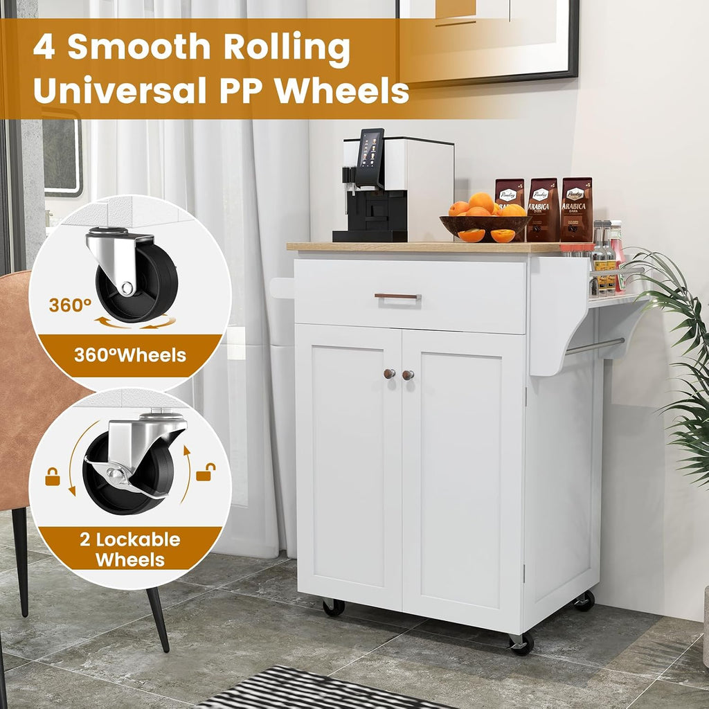 Kitchen Island, Rolling Kitchen Carts on Wheels with Storage Cabinet, Drawer, Spice Rack, Towel Bar, Modern Serving Trolley Cart Island Table for Dining Room, White, 32.5' L x 19' W x 36' H