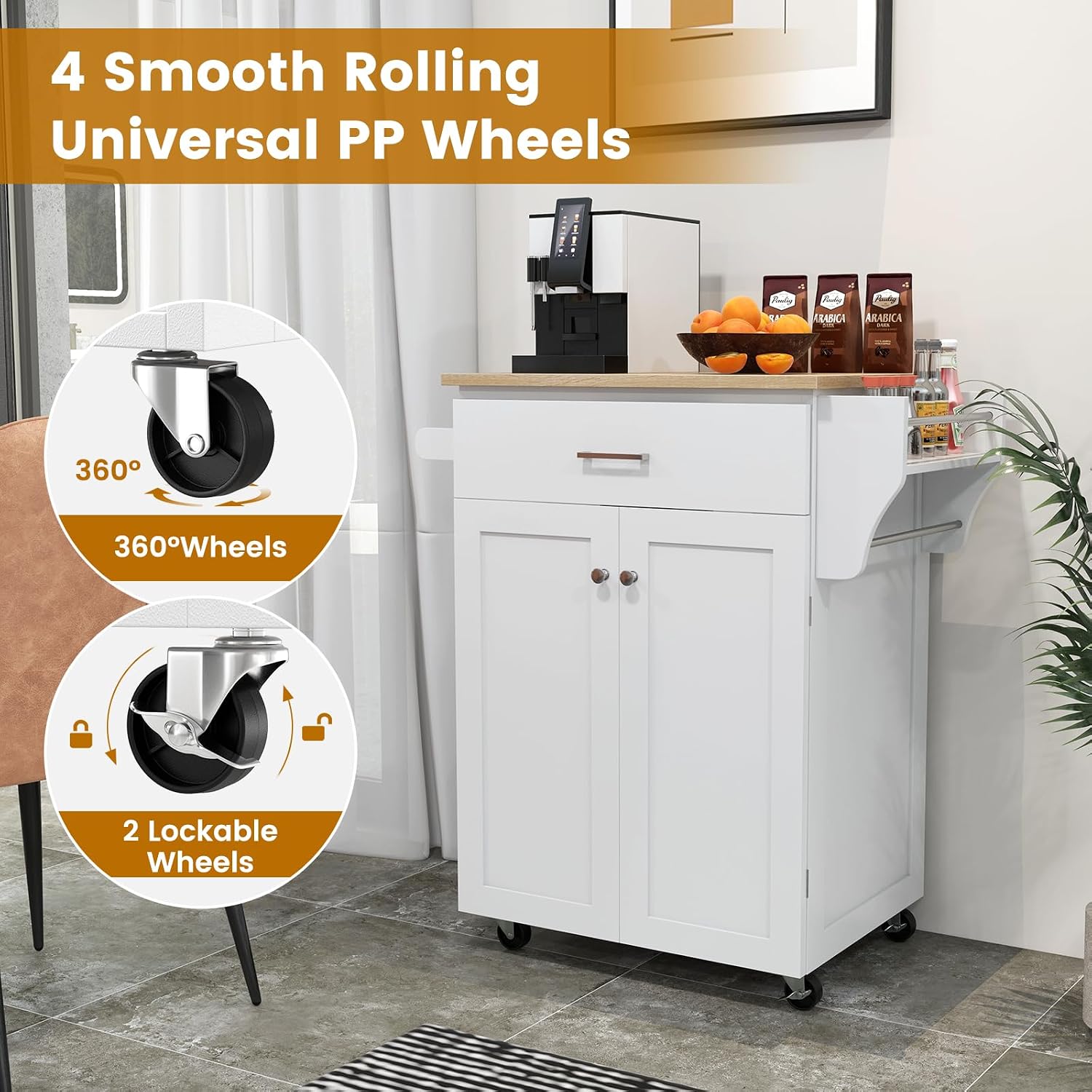 Kitchen Island, Rolling Kitchen Carts on Wheels with Storage Cabinet, Drawer, Spice Rack, Towel Bar, Modern Serving Trolley Cart Island Table for Dining Room, White, 32.5' L x 19' W x 36' H