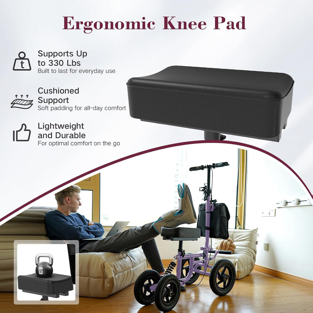 All Terrain Knee Scooter for Adults, Foldable Rolling Knee Scooter with DIY Stickers & Shock Absorber, Steerable Knee Walker for Broken Foot, Ankle Injuries & Surgery, Better Crutch Alternative