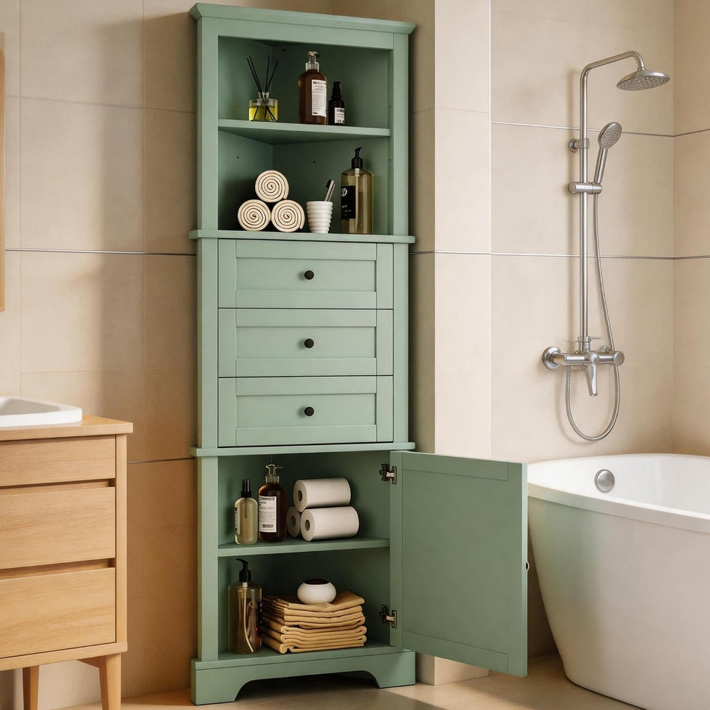 Corner Storage Cabinet with Adjustable Shelves, 68.9 in Tall | MDF, painted finish, adjustable shelves, corner fit, enclosed storage, bathroom, kitchen, 23 W x 13.4 D x 68.9 H in