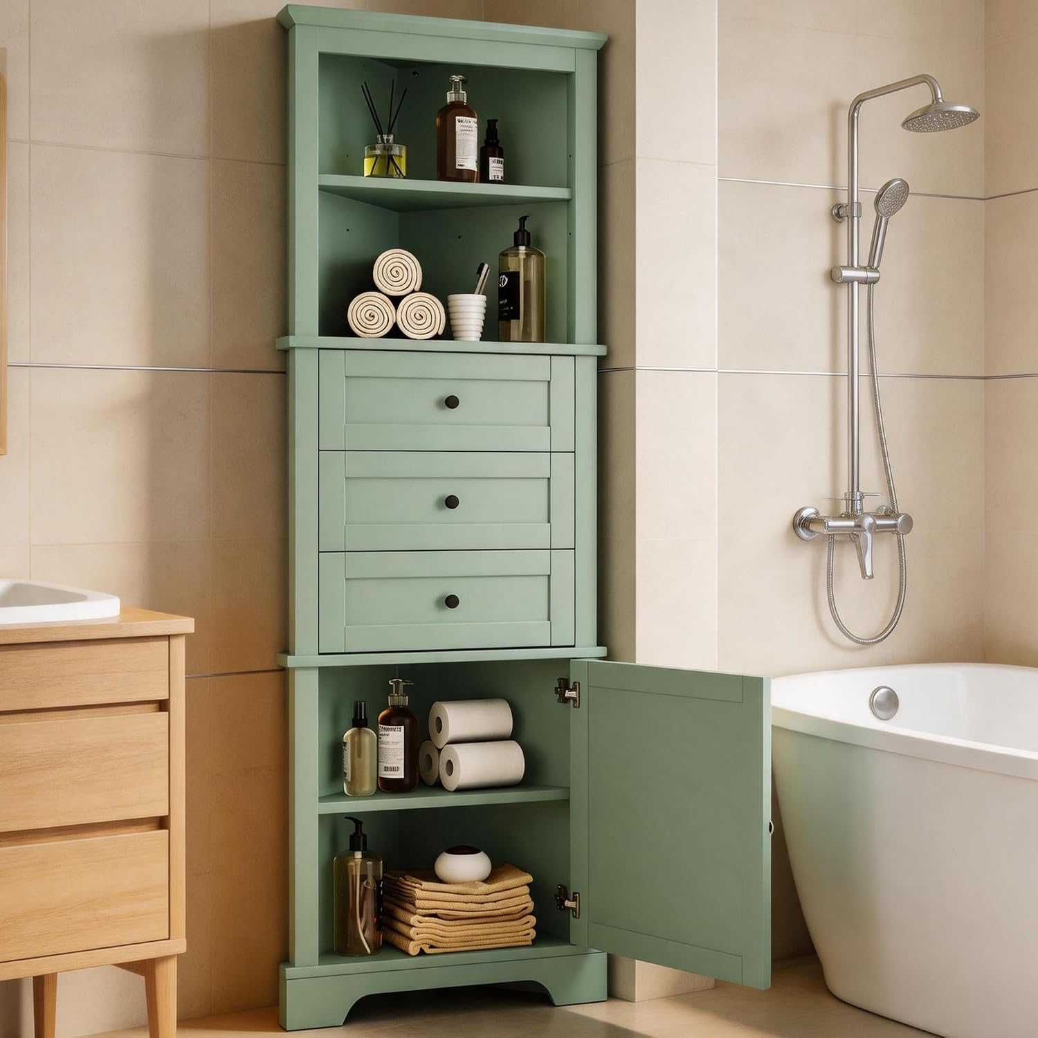 Corner Storage Cabinet with Adjustable Shelves, 68.9 in Tall | MDF, painted finish, adjustable shelves, corner fit, enclosed storage, bathroom, kitchen, 23 W x 13.4 D x 68.9 H in
