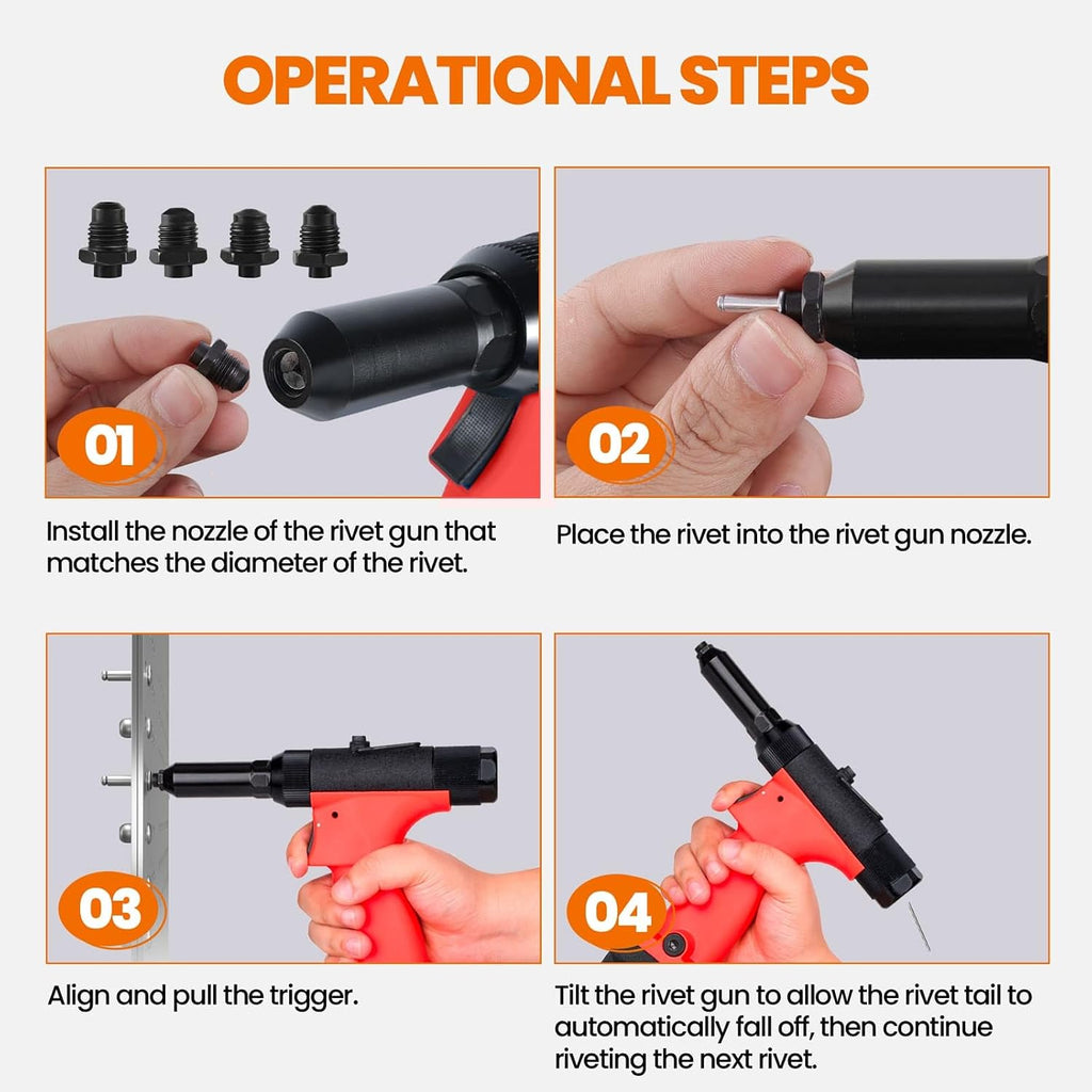 Pneumatic Rivet Gun Air Pop Riveter Tool Kit with 1/8', 5/32', 3/16', 1/4' Rivet Nozzles, Pneumatic Riveting Gun, Upgraded Air Riveter Hydraulic Pop Riveting Rivets Tool, No-Self-Suction