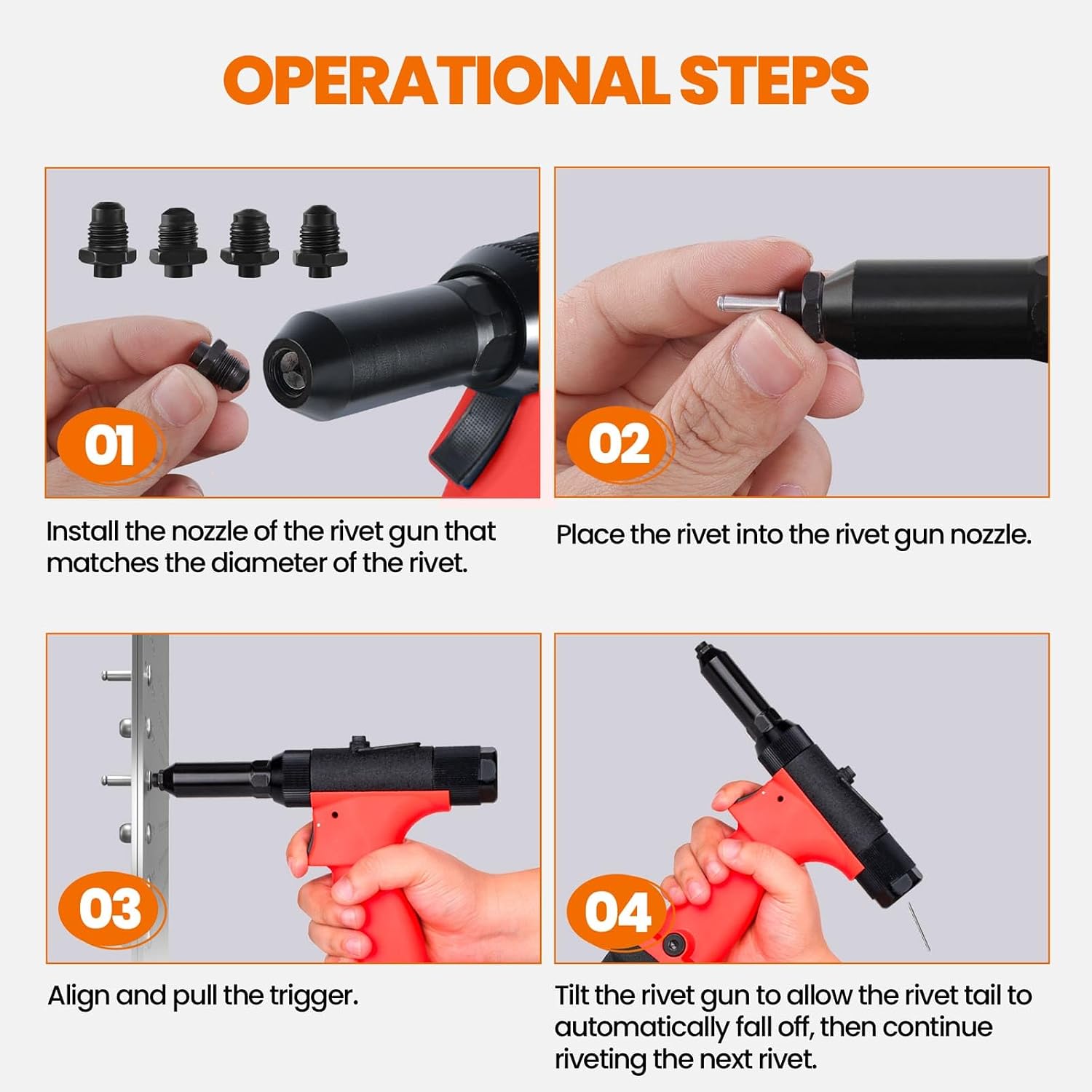 Pneumatic Rivet Gun Air Pop Riveter Tool Kit with 1/8', 5/32', 3/16', 1/4' Rivet Nozzles, Pneumatic Riveting Gun, Upgraded Air Riveter Hydraulic Pop Riveting Rivets Tool, No-Self-Suction