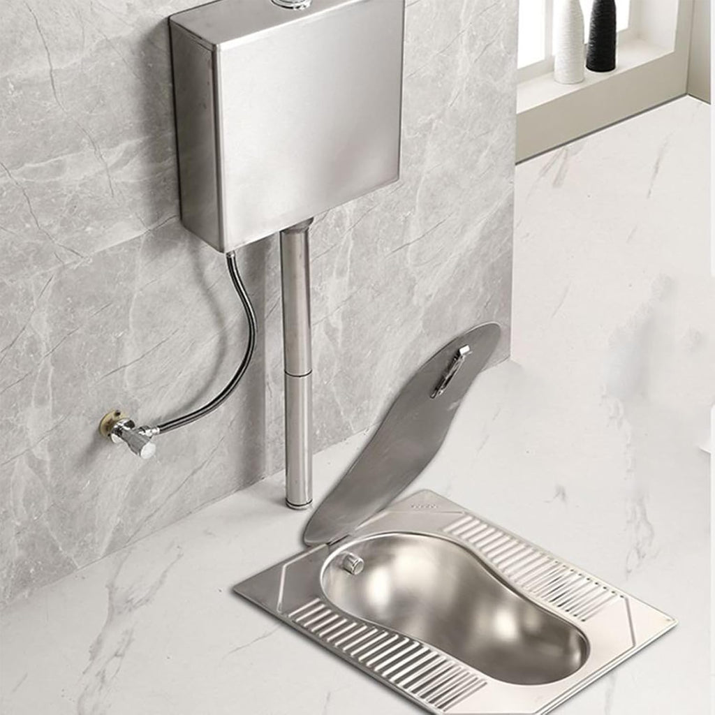Stainless Steel Squat Toilet With Lid, Odor-Proof Squat Toilet Set With Water Tank, Public Toilet Water Tank Set for Trains, Airports & Public Restrooms,With S bend