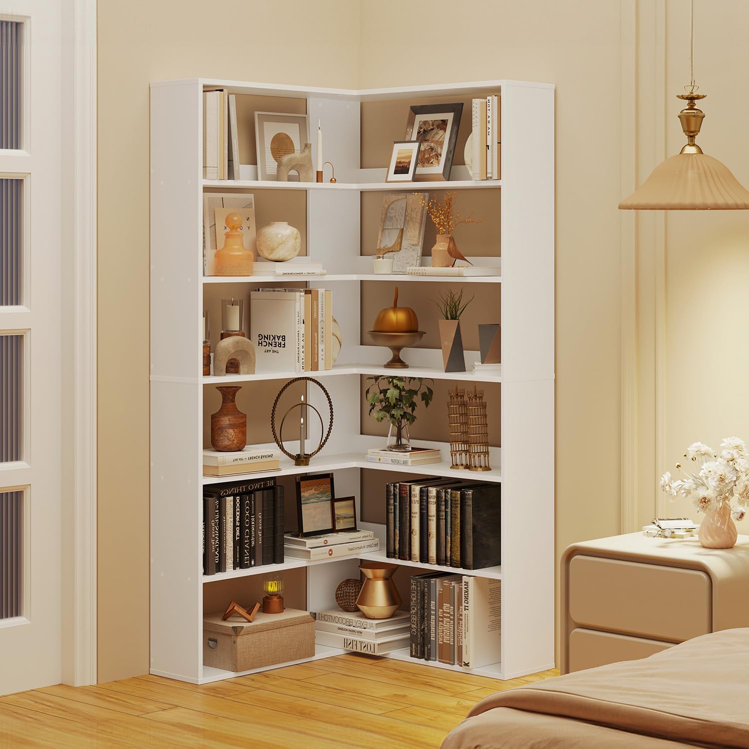 oneinmil Bookcase 6 Tiers with Baffles, 35.2' Large Corner Bookshelf, Storage Display Rack for Living Room Home Office, White