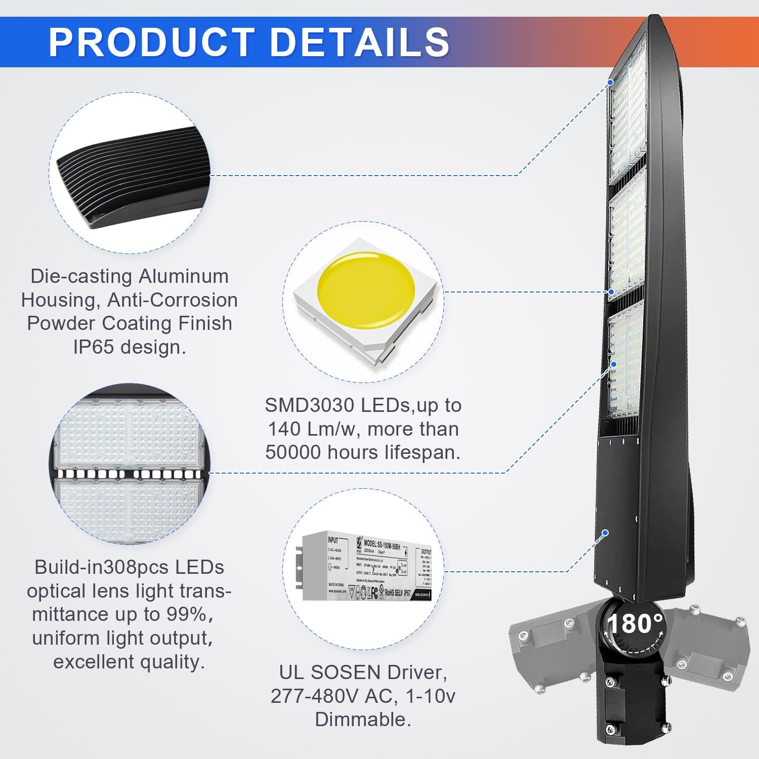 OSTEK 450W LED Parking Lot Light with Slip Fitter Mount, 5000K 63000Lm(140lm/w) Shoebox Light IP65 Waterproof Outdoor Street Area Light, Commercial Outdoor Lighting 100-277V ac