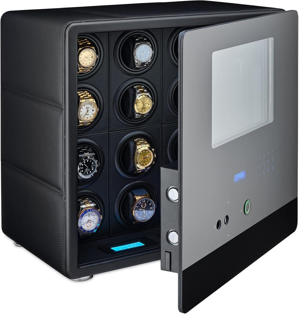 12 Watch Winder with Fingerprint Lock, Interior Light, Alarm System and 2 Storage Compartments