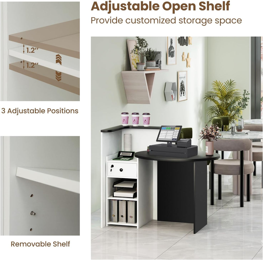 Giantex Reception Desk, Front Counter Desk with Lockable Drawer, Checkout Table with Round Tabletop, Corner Shelf & Adjustable Shelf for Office Beauty Salon Retail Store (White & Black)