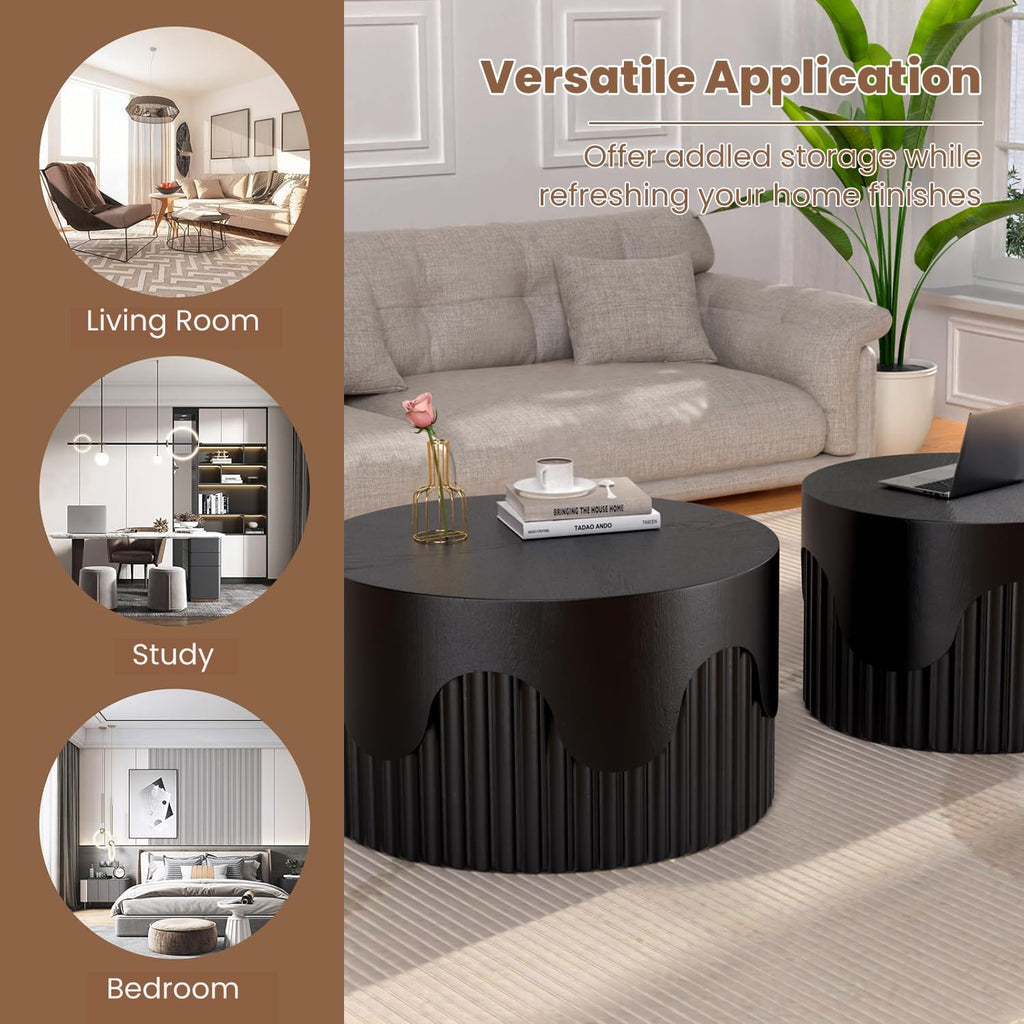 Fluted Round Nesting Coffee Table Set of 2, Modern Unique Circle Coffee Table, Drum Side Tea Table, Space-Saving for Living Room, Bedroom, Balcony, Office, No Assembly (26.77'+19.69' Black A)