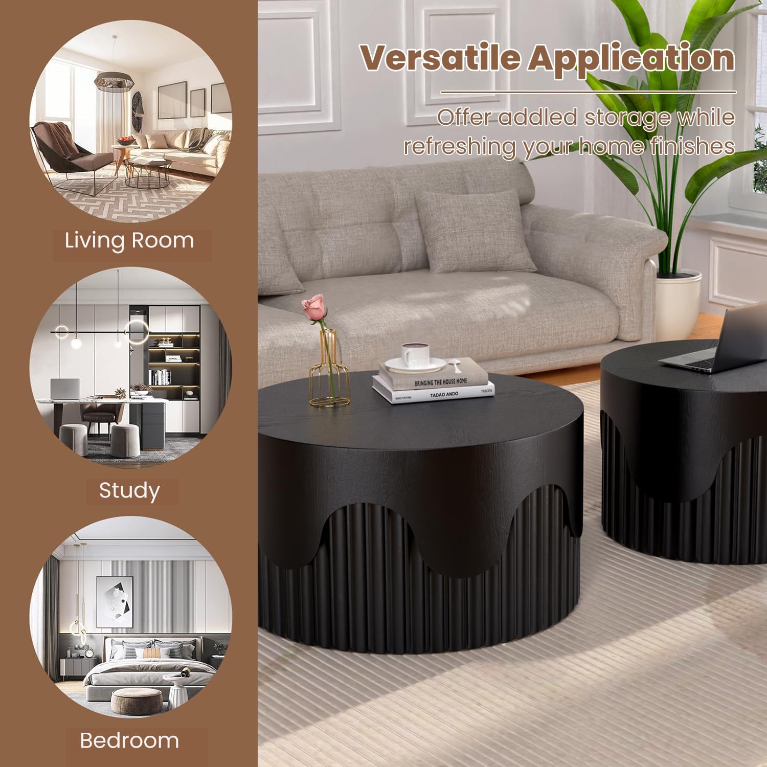 Fluted Round Nesting Coffee Table Set of 2, Modern Unique Circle Coffee Table, Drum Side Tea Table, Space-Saving for Living Room, Bedroom, Balcony, Office, No Assembly (26.77'+19.69' Black A)
