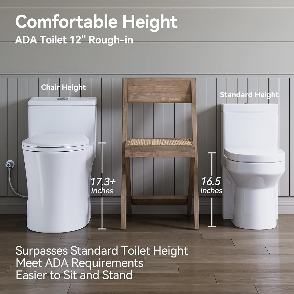 HOROW T0338WM Elongated One Piece Toilet Matte White, ADA Toilet 17.3' with Comfort Chair Height Seat, 1.1/1.6 GPF Powerful Dual Flush Toilet for Bathroom
